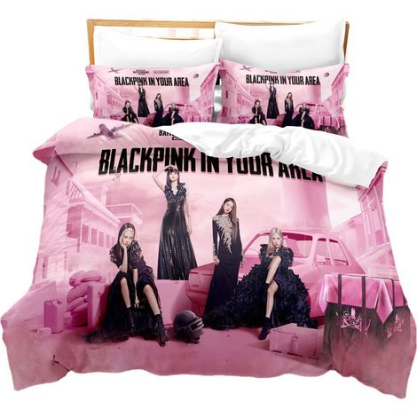 B01 Ensemble housse de couette et taie d'oreiller imprimées en 3D noir et rose, cadeau pour enfant, lit simple 135 x 200 cm (1/2)