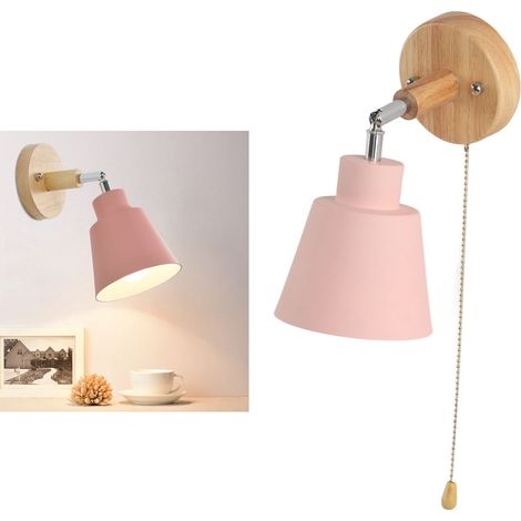 Lampe Murale Macaron Économe en Espace avec Abat-Jour Rose et Base en Bois pour Salon, Chambre, Bureau 100‑240V (1/5)
