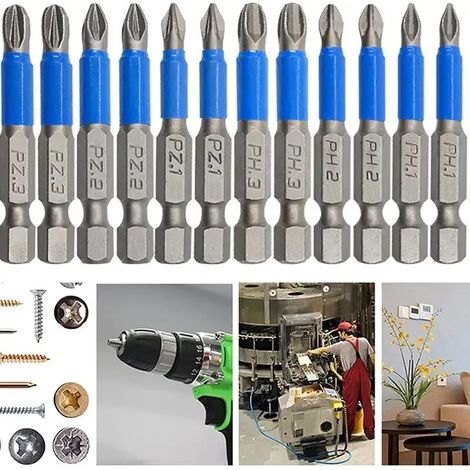 Set mit 12 rutschfesten magnetischen Schraubendreherbits, 50 mm Kreuzschlitzschraubendreher für elektrische Schraubendreher - Crezuo