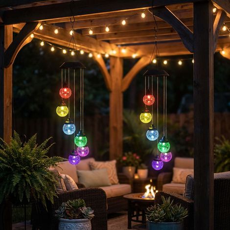 Windspiel Solar RGB LED Hängeleuchte Gartenlampe Deko Außen Crackle Glas Kugel, Metall, Farbwechsler, LED, DxH 12,5x60 cm, 2er Set