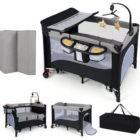 GOPLUS Lit Bébé Parapluie, avec Matelas, Table à Langer, Sac de Rangement, Lit Bébé de Voyage Pliable en Métal et Tissu Oxford, pour Enfants 0-3 Ans, Jusqu'à 30KG, 125x65x76CM (Gris Clair) (1/5)