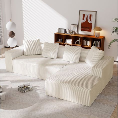 Sofa modulare angolare 261x146x65 cm bianco in velluto a coste con seduta profonda e cuscini (1/5)