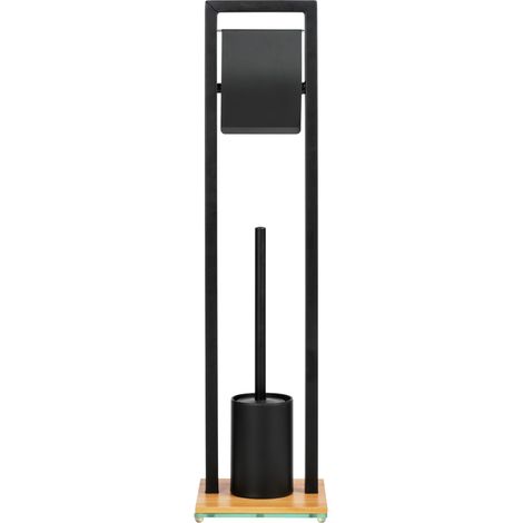 WENKO Portasciugamani e porta spazzolino WC 2in1 Bambusa, in acciaio nero con base in bambù, 18x72,5x18 cm, nero - marrone