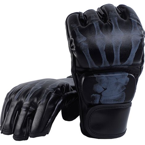 Gants de boxe demi-doigts en cuir PU, style fantôme, pour le MMA, le Muay Thaï et les sacs de frappe (noirs). (1/5)