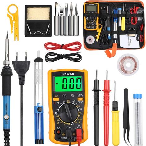 Fer à Souder Kit, 60W Kit de Soudure, Temperature Réglable de 200450℃, Multimètre, 5PCS Conseils de soudage, Pompe à Dessouder, Fil de Soudure, Pincettes, Tournevis, Dénudeur de Fil, Support (1/5)