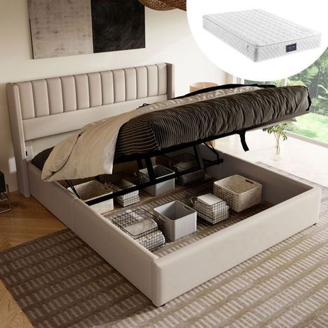 Lit Coffre 140x200cm Hydraulique avec Matelas 7 Zones - Lit 2 Places - Sommier à Lattes Bois, Rangement, Beige (1/5)