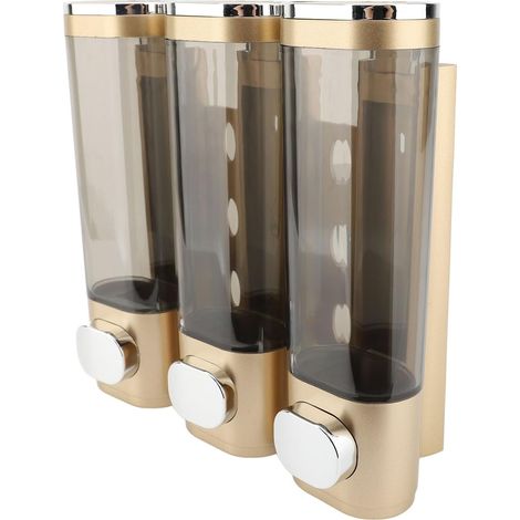 Distributeur de Savon 3 en 1, Distributeur de Shampoing et Après-shampooing, 300 ML, Support Mural pour Salle de Bain, Douche, Shampoing, Après-shampooing, Corps Transparent pour (Gold)'Or'Or'-