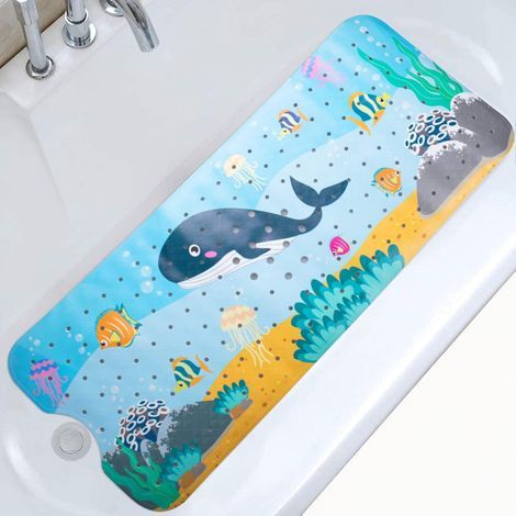 (100x40 cm, Blue Fish) Non-Slip Bath Mat, Non-Slip Bath Mat with 200 PVC Suction Cups, Animal Print Marine Shower Mat (1/5)