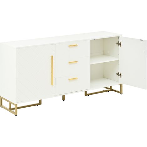 Credenza bianca con motivo a spina di pesce, 2 ante e 3 cassetti 145 x 40 x 75 cm HOMVRA (1/5)