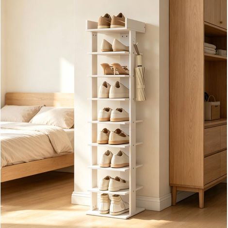 Mueble zapatero de 9 niveles para 9 pares, tablero superior y 2 ganchos, blanco HAVRYA (1/5)
