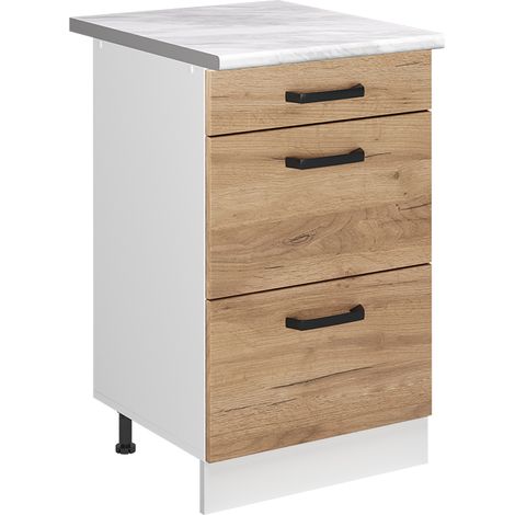 Küchenunterschrank R-Line, Goldkraft Eiche/Weiß, 50 cm Arbeitsplatte Marmor, Vicco (1/5)