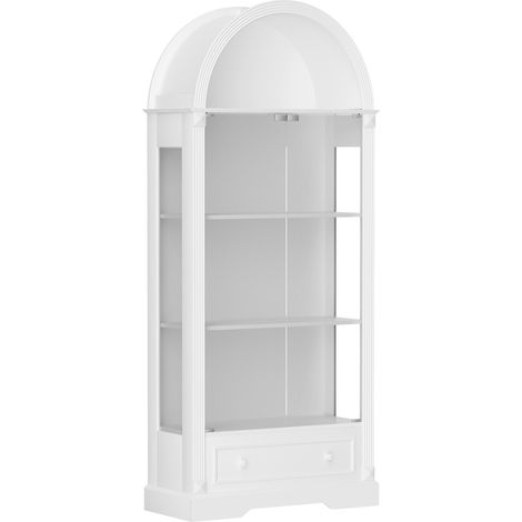Vitrina curva de 180 cm de altura, mueble de cocina con puertas de cristal, equipada con tiras de luz LED y cajones vitrina de estilo rústico, blanca. (1/5)