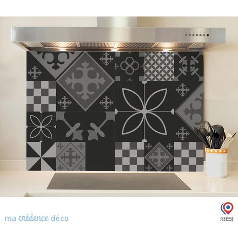 Fond de hotte : Carreaux ciment patchwork 3 noir - Verre trempé - 60 cm - 45 cm (1/5)