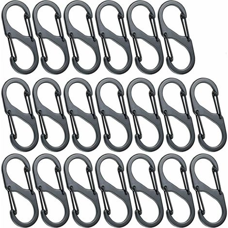 ZVD 20pcs Mini Mousquetons en Forme de S Mousqueton en Alliage d'Aluminium 8 Formes Durable Léger Étanche Double Boucle pour la Maison en Plein Air Randonnée Pêche Camping Voyage Etc - Noir(30mm)
