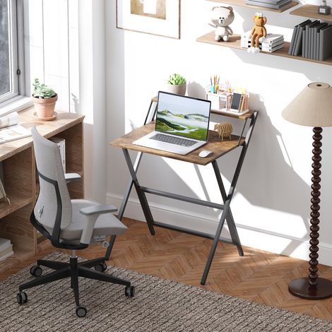 Bureau pliable 65,5 x 45 cm avec étagère de rangement pour chambre, petits espaces, brun rustique