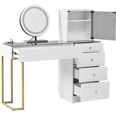 Coiffeuse blanche avec miroir LED 3 couleurs, 5 tiroirs, 1 placard, plateau en verre trempé, 120 x 40 x 120 cm (1/5)