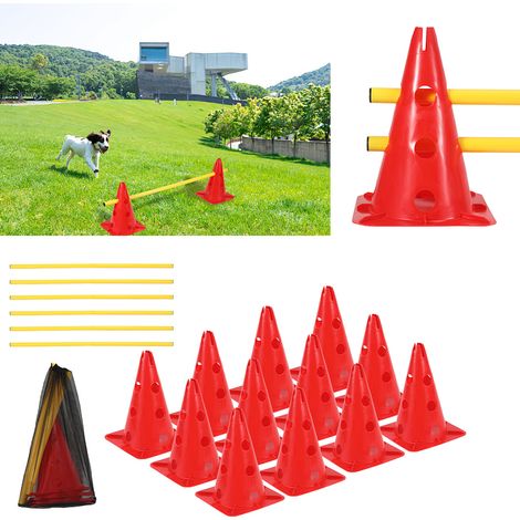 Randaco Ensemble de 12 haies amovibles pour entraînement, haies ajustables en hauteur avec 12 cônes + 6 barres, aide à l'entraînement multi-sport