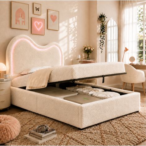 MODFU – Letto per bambini 90x200 cm in velluto con contenitore idraulico e testiera nuvola, LED multicolore e carico 150 kg – Bianco (1/5)