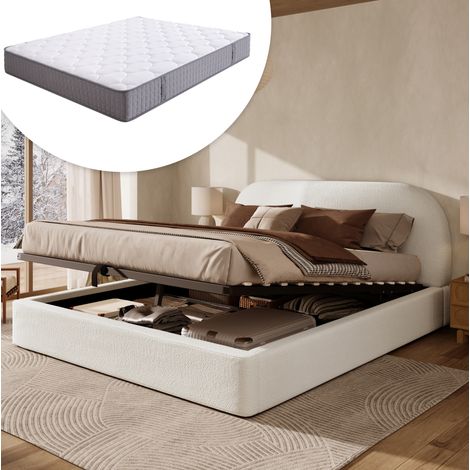 Letto matrimoniale con contenitore, 180x200 cm, testiera beige con pieghe, base a doghe. (1/5)