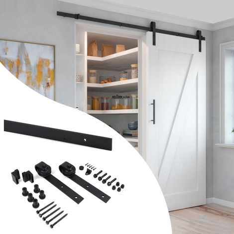 Emuca Kit de herrajes para una puerta corredera colgada de madera Barn, Sin cierre suave, tableros no incluidos, Acero y Plástico, Pintado negro - (1/5)
