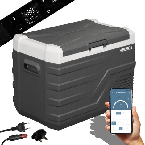 AREBOS compressor cool box 35 litres  Electric freezer box with APP control for cooling, freezing and keeping warm  Refrigerator down to -20 °C  Car cool box with USB connection, 12/24 V 230V  Anthrac