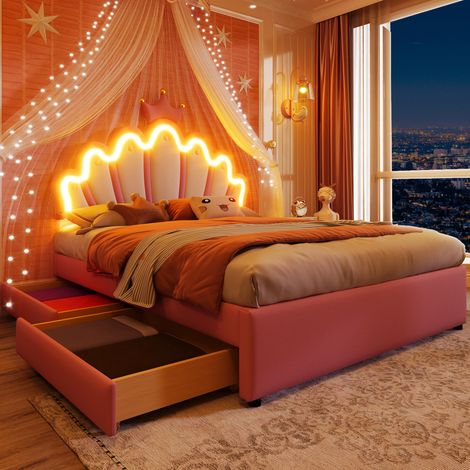 Lit capitonné 140 x 200 cm, éclairage d'ambiance télécommandé, lit avec 2 tiroirs, tête de lit réglable, PU, sans matelas, rosa (1/5)