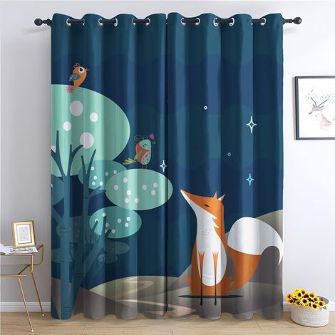 Rideau Occultant Bleu Dessin Animé Renard, Rideaux Thermiques à Oeillets pour Salon Chambre Fenetre, Motif Garçon Fille Rideaux Lot De 2 Moderne Décoration De Fenêtre, 140x160 cm (L x H) - 140L X 160 (1/5)