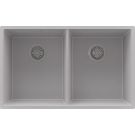 PRIMAGRAN Evier Cuisine en Granit 76x47cm,Lavabo 2 bacs + Kit de Vidage, Évier à Encastrer au meuble 80cm - London Slim Twin, Gris (1/5)