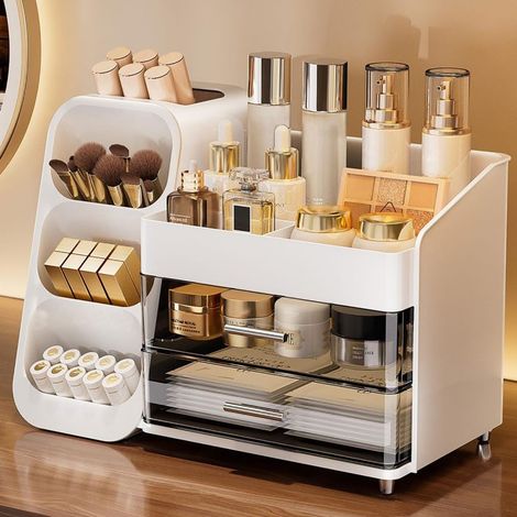 Présentoir de bureau blanc pour produits de beauté (avec compartiment de rangement pour pinceaux + double tiroir)