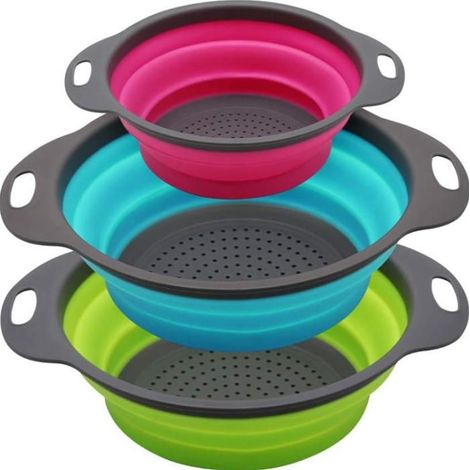 Lot de 3 passoires de cuisine pliables en silicone - Économie d'espace - Pour pâtes, fruits et légumes (1/5)