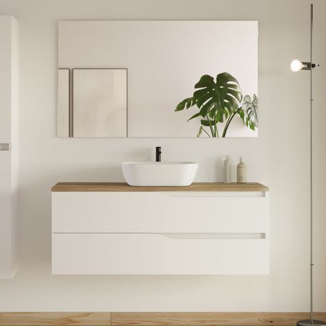 Meuble de salle de bain 120cm avec plateau miel et vasque à poser zeus - 2 tiroirs - blanc - LUNA (1/5)