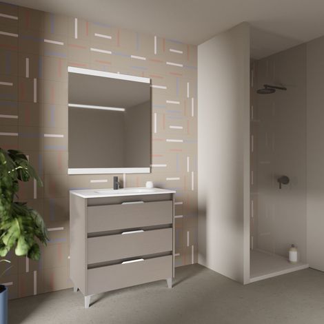 Meuble de salle de bain simple vasque 60 cm – 3 tiroirs – Panneau laqué anthracite brillant – Lavabo céramique blanc – Fermeture douce – Amizuva (1/4)