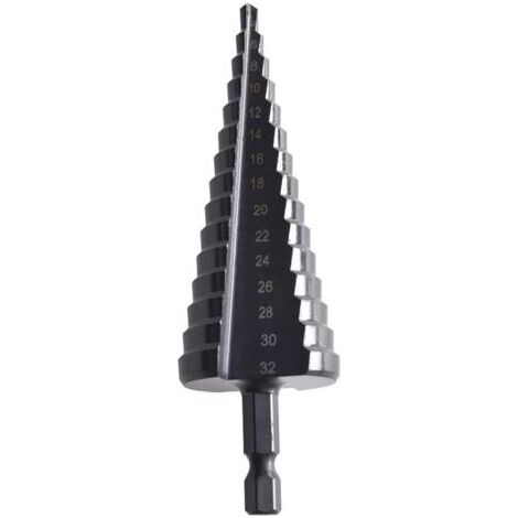 Foret Étagé, 4-32 mm foret conique Fraise Etage Metal Triangle Conique Titane HSS, Tige Triangulaire, Meche Etage Metal pour Visseuse sur Métal Acier, Bois, Laiton, Aluminium, Plastique (1/4)