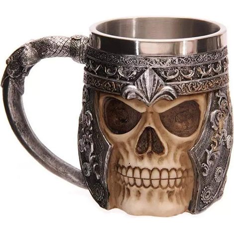 Chopine à bière en acier inoxydable ornée d'un crâne, chope viking ornée d'un crâne de guerrier, style médiéval (1/4)