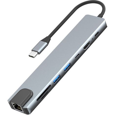 Hub USB-C - 8 Ports - HDMI RJ45 SD TF USB3.0 USB2.0 - Charge Rapide 100 W - Aluminium - Pour Ordinateur Portable - 1 Pièce (1/5)