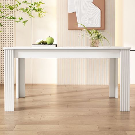 Table à manger rectangulaire blanche moderne, table de salle à manger en bois effet chêne avec 4 pieds robustes (1/5)