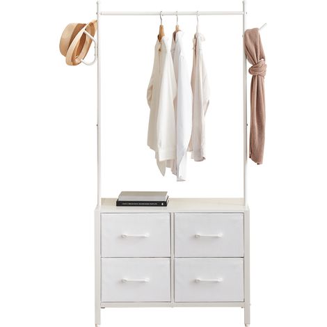 Commode à 4 tiroirs avec portant en métal robuste – Armoire indépendante avec tringle et crochets – Rangement dressing pour chambre, entrée ou salon – Coloris blanc (1/5)