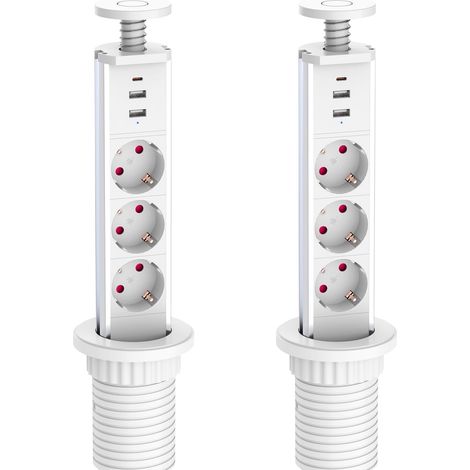 Lot de 2 prises escamotables, avec USB C et 2 USB A, 3 prises de table, avec sécurité enfant et câble de 1,8 m, pour cuisine, bureau, 4000 W/16 A, diamètre : 60 mm (1/5)