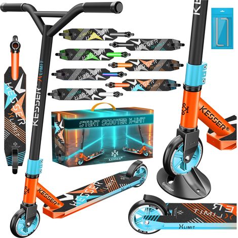 KESSER® Scooter Funscooter Stuntscooter X-Limit - 360° Lenkung mit ABEC 9 Kugellagern 100 mm PU Räder Robuster Kickscooter Tretroller Cityroller Rot / Hellblau