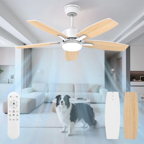 Ventilateur Plafond avec Lumiere et Telecommande 106cm Dimmable Lampe Ventilateur Plafond LED avec 5 Pales Doubles Bois Clair Blanc pour Chambre Salon Minuterie 6 Vitesses (1/5)
