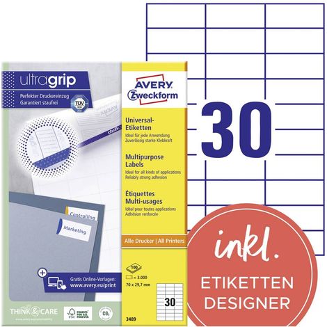 Avery-Zweckform 3489 Etichetta universale 70 x 29.7 mm Carta Bianco 3000 pz. A tenuta permanente Stampante laser a colo (1/5)
