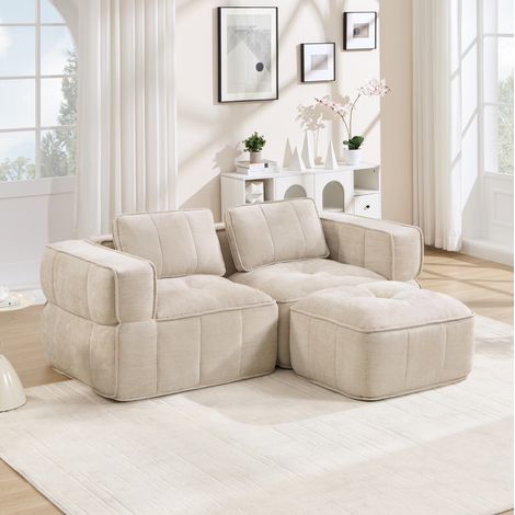 Canapé d'angle modulaire 198/162/67 cm beige avec pouf, tissu polyester et assise profonde (1/5)