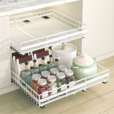 Set mit 2 ausziehbaren Regalböden, Aufbewahrungslösung für Küchenschränke, mit Klebestreifen, kein Bohren erforderlich, weiß (1/5)