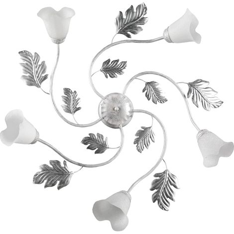 Plafonnier 5 bras en métal blanc avec nuances argent. Abat-jours en verre blanc satiné (1/3)