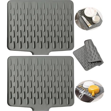 Tapis Egouttoir Vaisselle en Silicone 2 Pièce Tapis Evier Cuisine 39,5 x 32,5cm Egouttoir Vaisselle sur Evier à Structure Rainurée, Peut Drainer l'eau Rapidement (1/5)