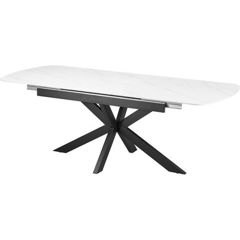 HESTIA - Table extensible rectangulaire en pierre frittée blanc pieds en métal noir 180-220 cm