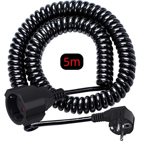 Rallonge électrique (noire, 5 m) avec prise mâle/femelle bipolaire standard européenne et câble à ressort rétractable en PVC. (1/5)