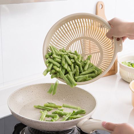 Panier d'égouttage double couche en plastique bicolore pour fruits et légumes, rond, panier de rangement en plastique épais pour laver les légumes, 16147CM, bleu nordique. (1/5)