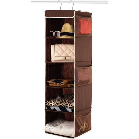 Hanging Storage Bag, 5 Compartment Fabric Storage Bag Storage Bag for Bedroom Bathroom Kitchen - Brown (1/5)