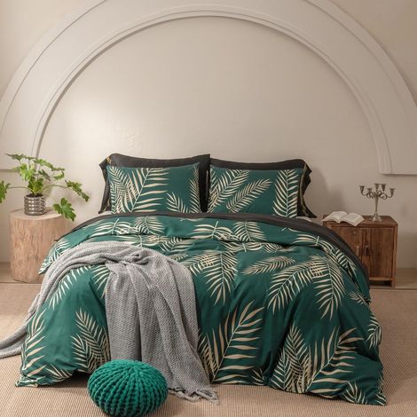 Parure de lit réversible en microfibre douce avec housse de couette de 135 x 200 cm et taie d'oreiller de 80 x 80 cm - Motif feuilles - Vert foncé et doré (1/5)